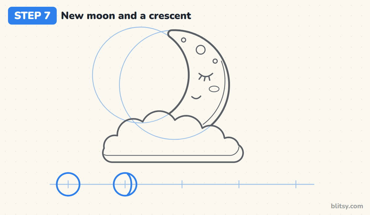 How to draw a moon step by step step 7 - start the phases: new moon and crescent