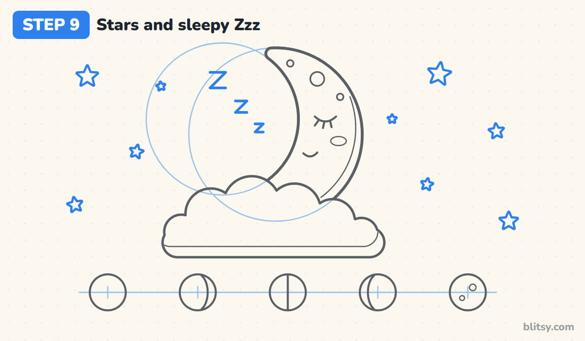 How to draw a moon step by step step 9 - sprinkle stars and a sleepy zzz