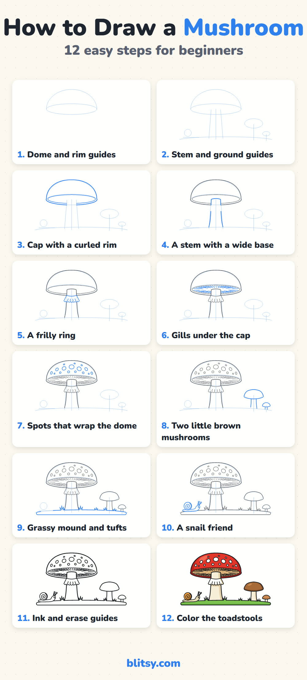 How to draw a mushroom step by step - all 12 steps on one page (Pinterest)