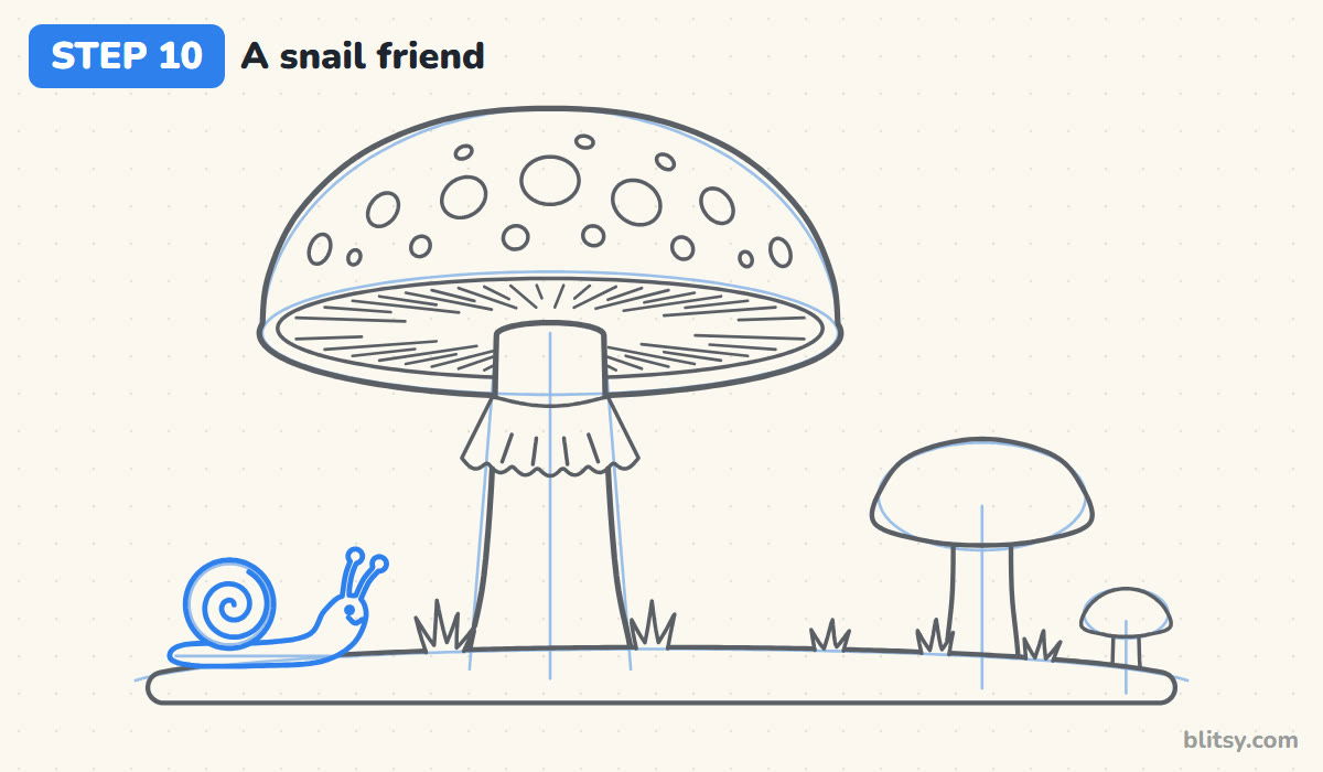 How to draw a mushroom step by step step 10 - draw a snail friend
