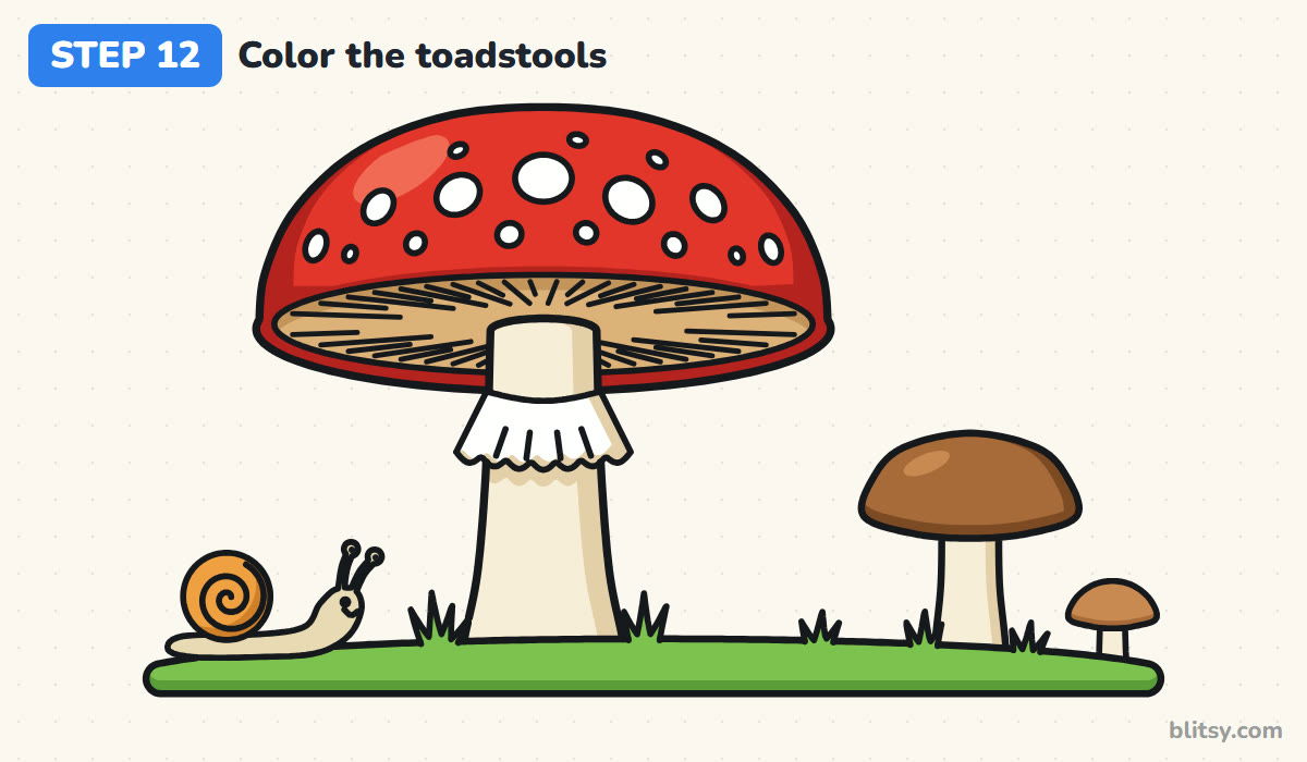 How to draw a mushroom step by step step 12 - color the toadstools