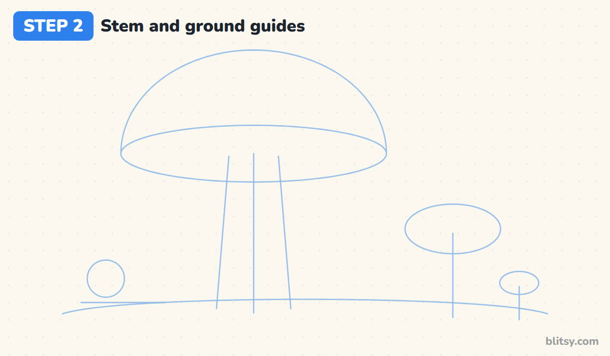 How to draw a mushroom step by step step 2 - add guides for the stem and the ground