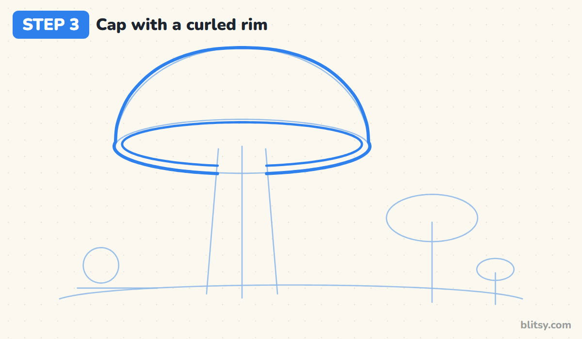 How to draw a mushroom step by step step 3 - draw the cap with a curled rim