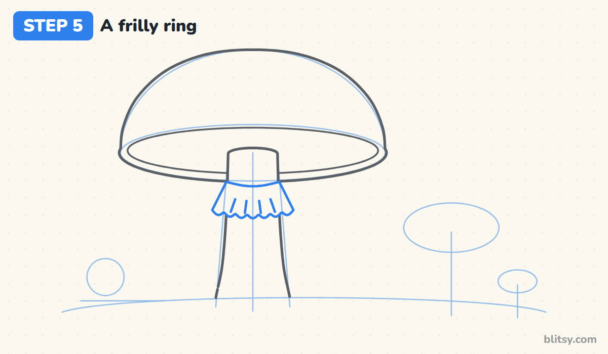 How to draw a mushroom step by step step 5 - hang a frilly ring under the cap