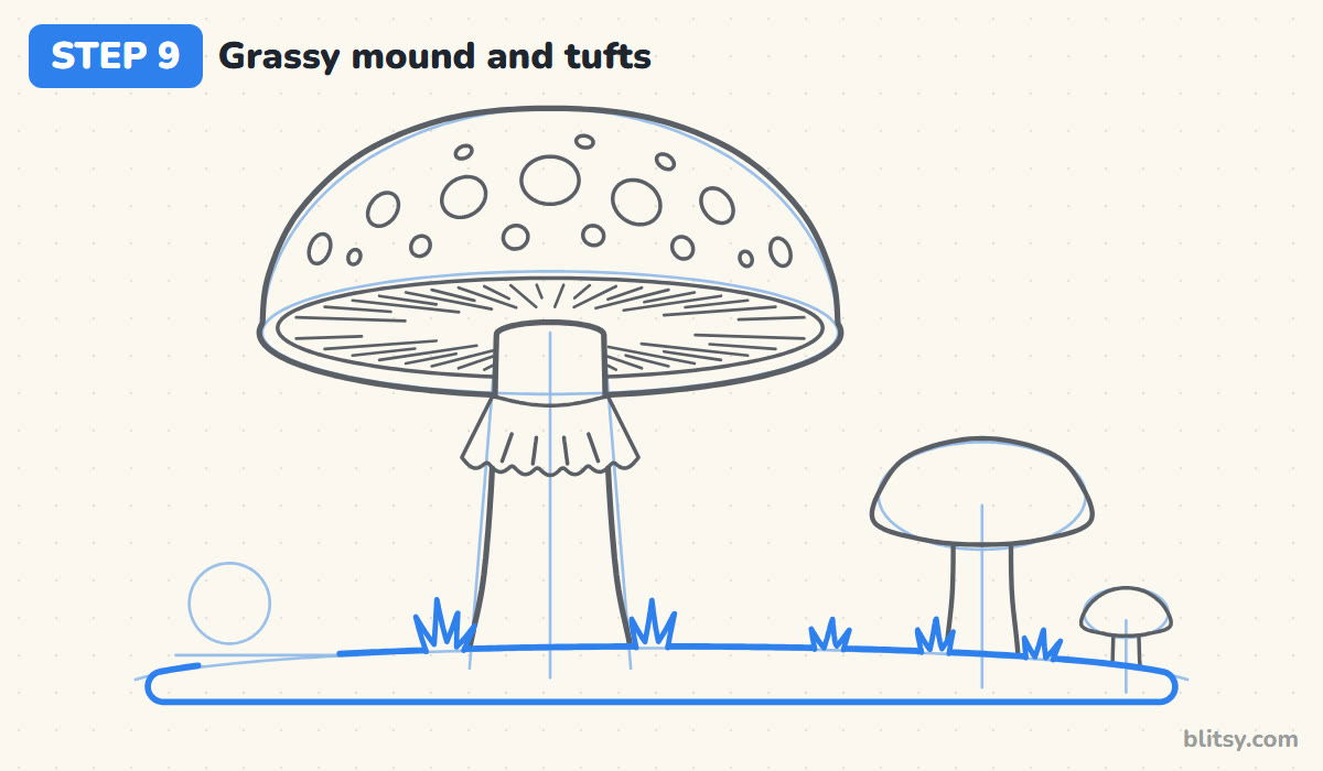How to draw a mushroom step by step step 9 - draw the grassy mound and tufts