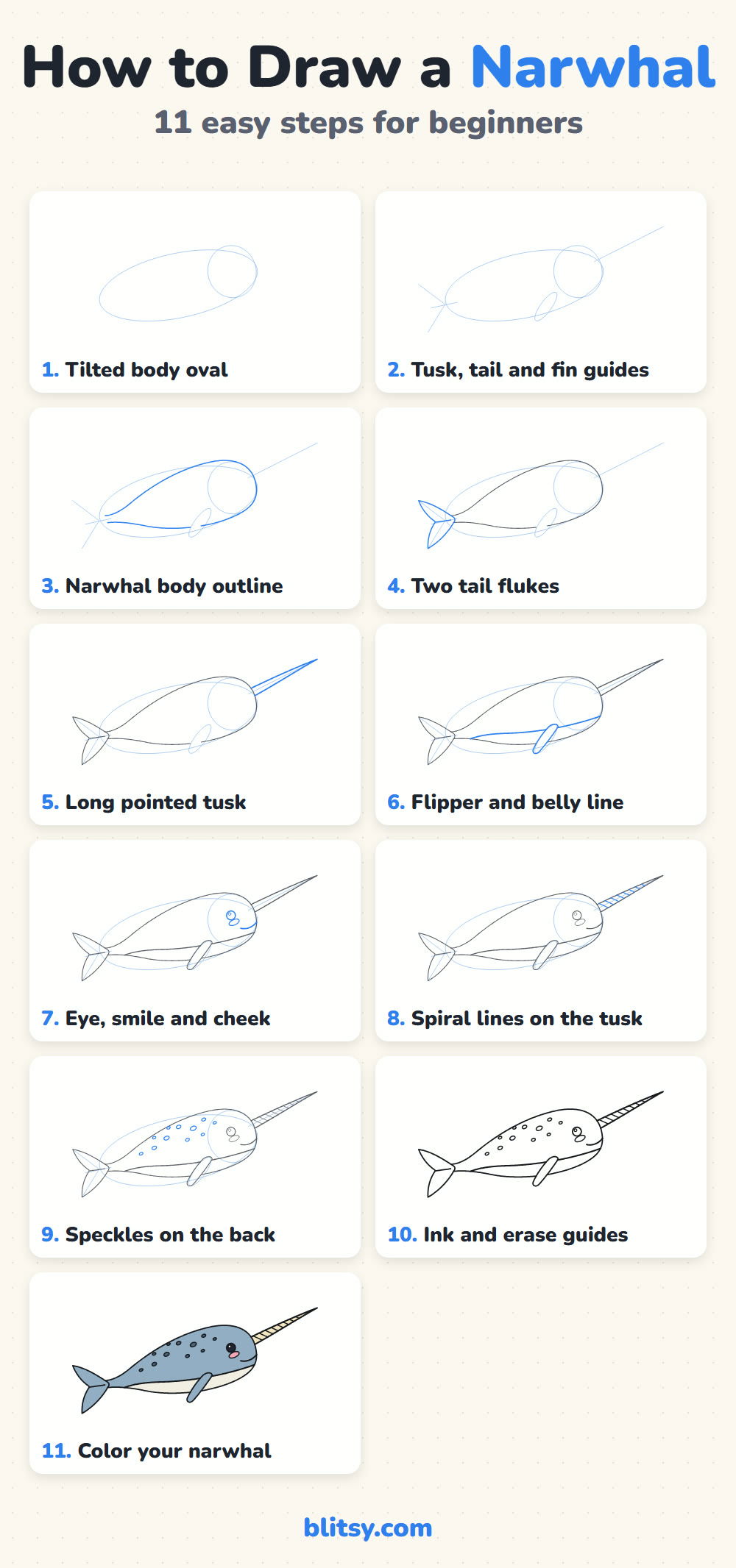 How to draw a narwhal step by step - all 11 steps on one page (Pinterest)