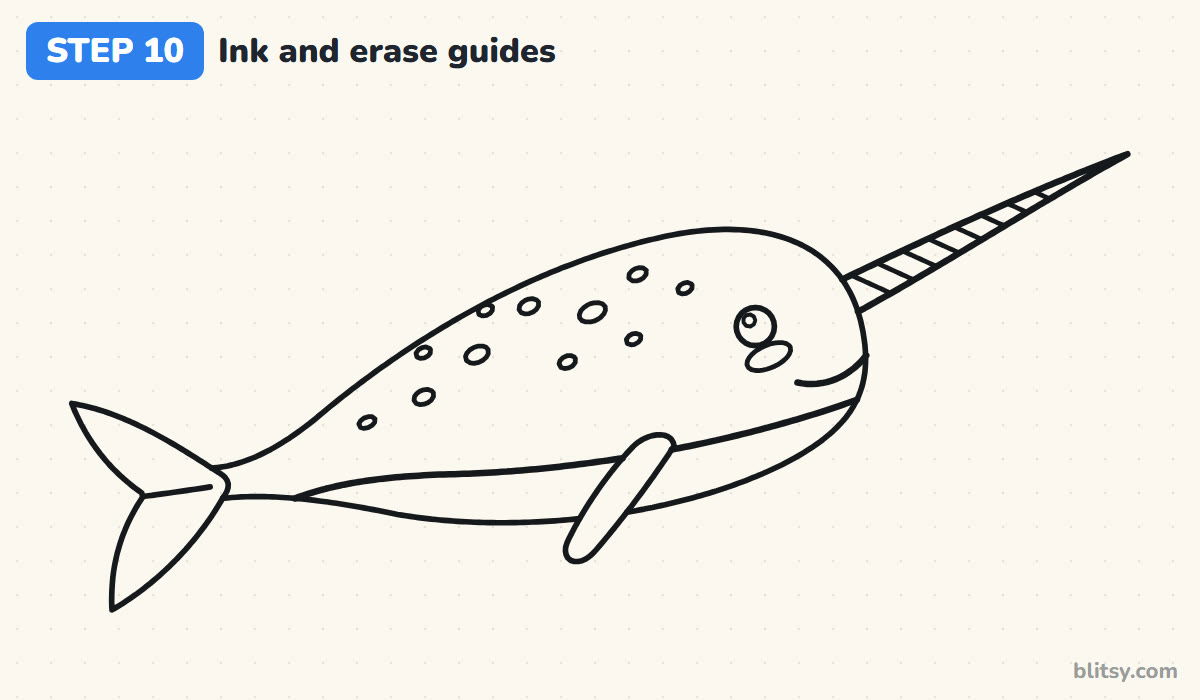 How to draw a narwhal step by step step 10 - ink the lines and erase the guides