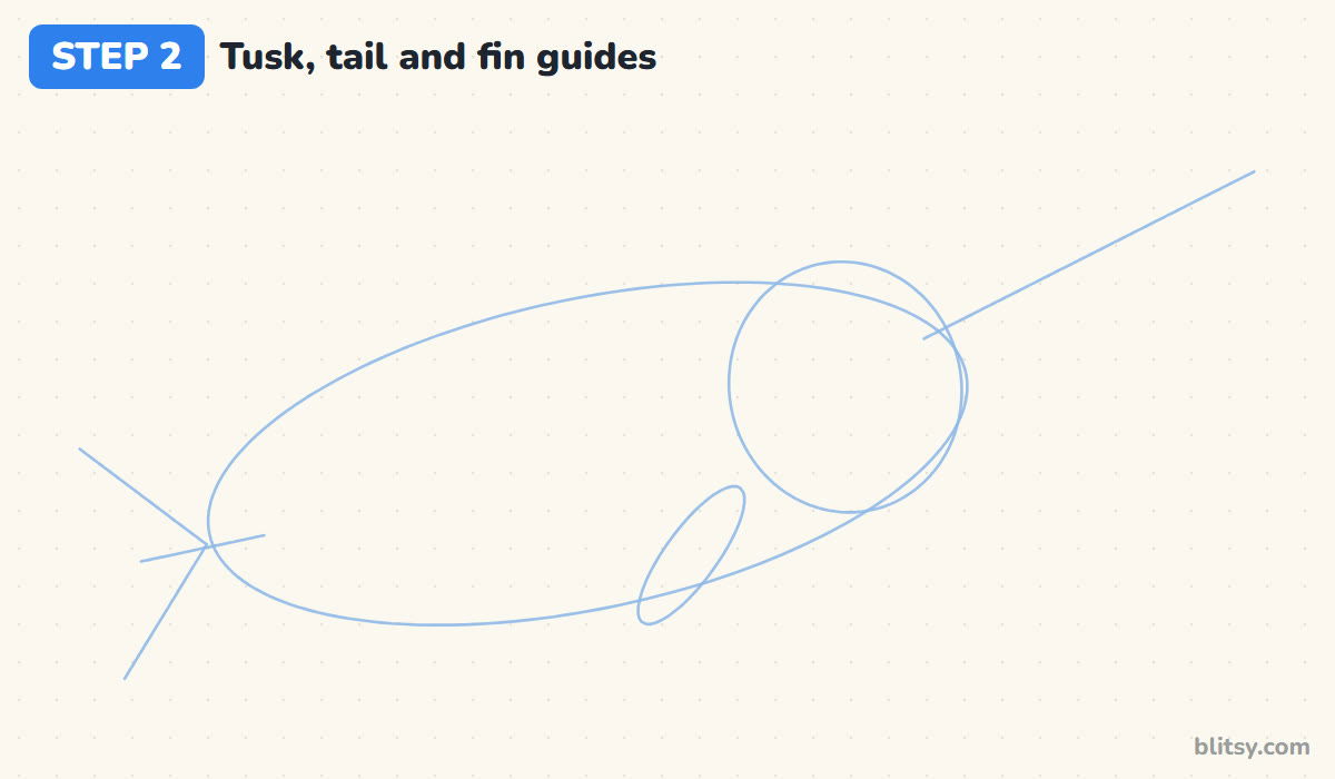 How to draw a narwhal step by step step 2 - add guides for the tusk, tail and flipper