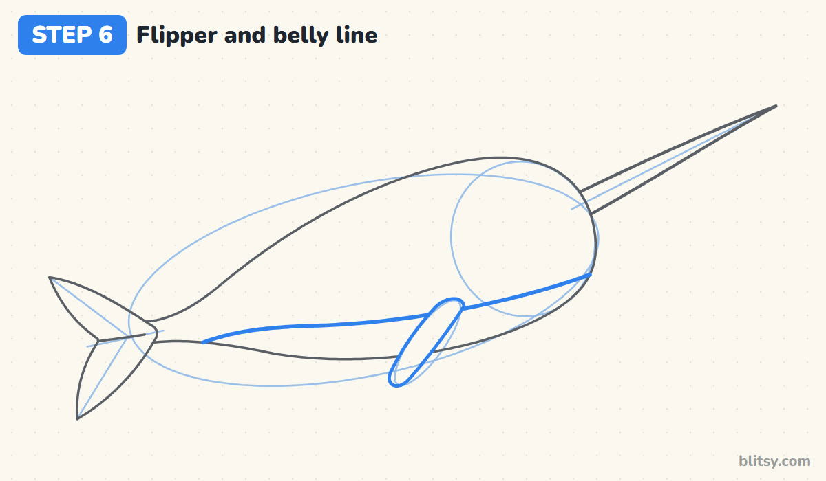 How to draw a narwhal step by step step 6 - add the flipper and the belly line