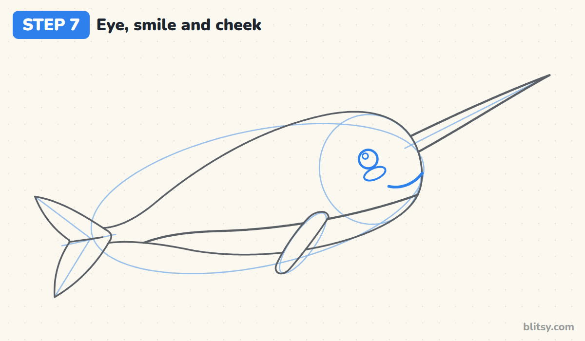 How to draw a narwhal step by step step 7 - draw the eye, smile and cheek