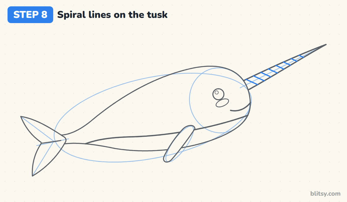 How to draw a narwhal step by step step 8 - add spiral lines to the tusk