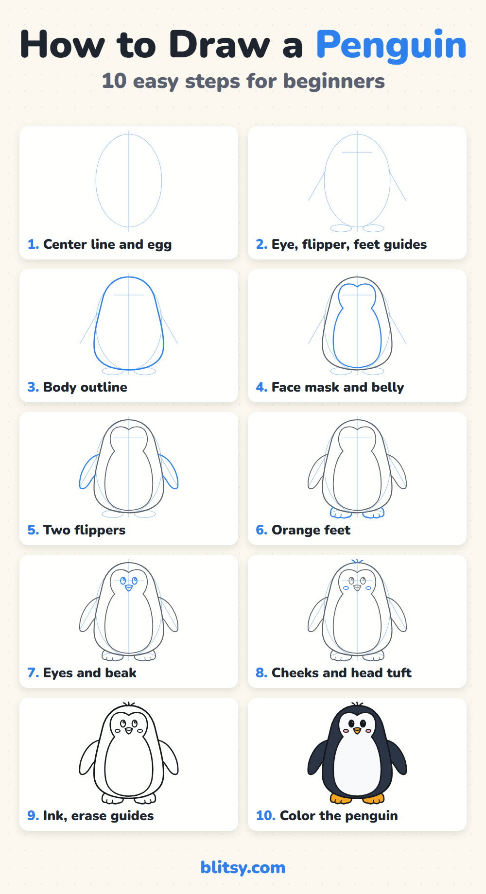 How to draw a penguin step by step - all 10 steps on one page (Pinterest)