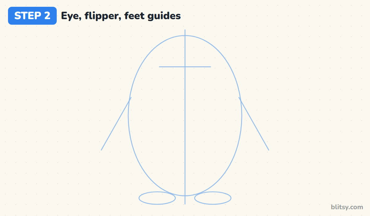 How to draw a penguin step by step step 2 - add guides for the eyes, flippers and feet