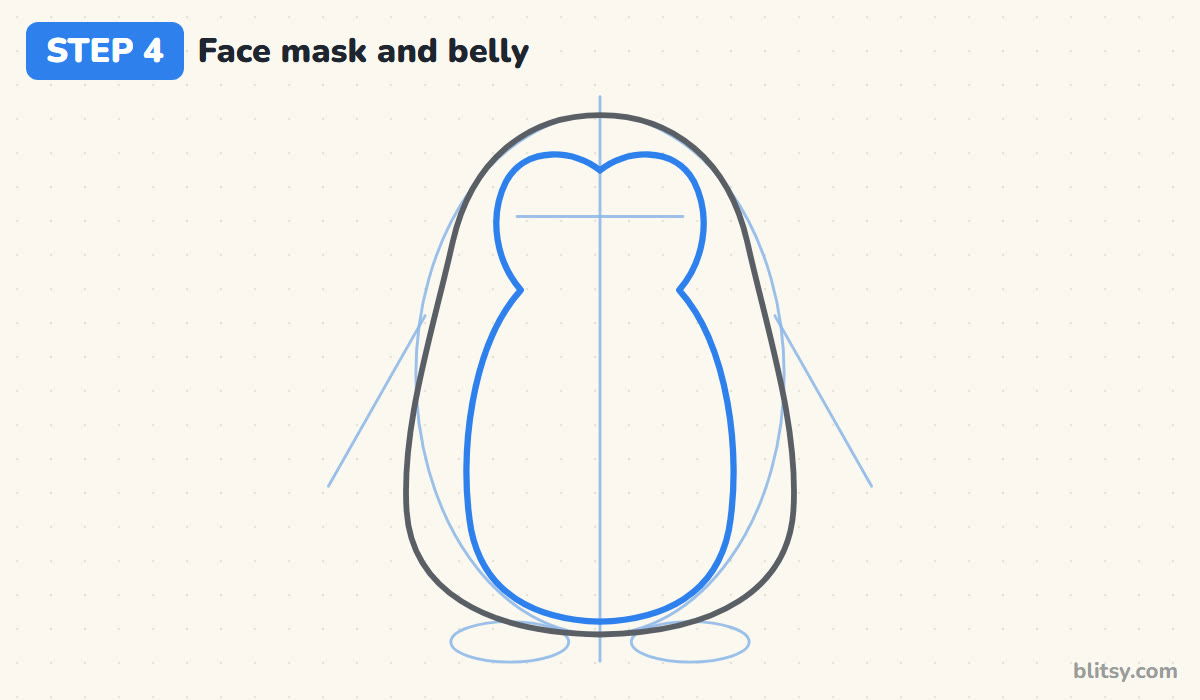 How to draw a penguin step by step step 4 - add the face mask and the belly