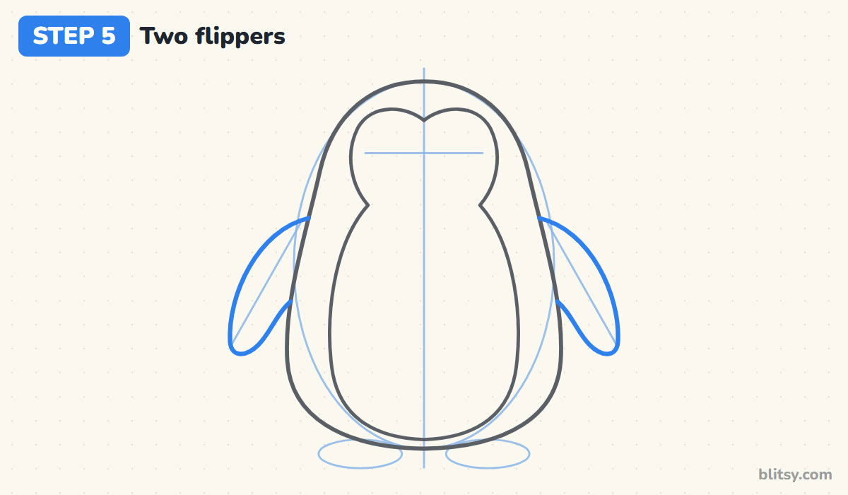 How to draw a penguin step by step step 5 - draw two flippers