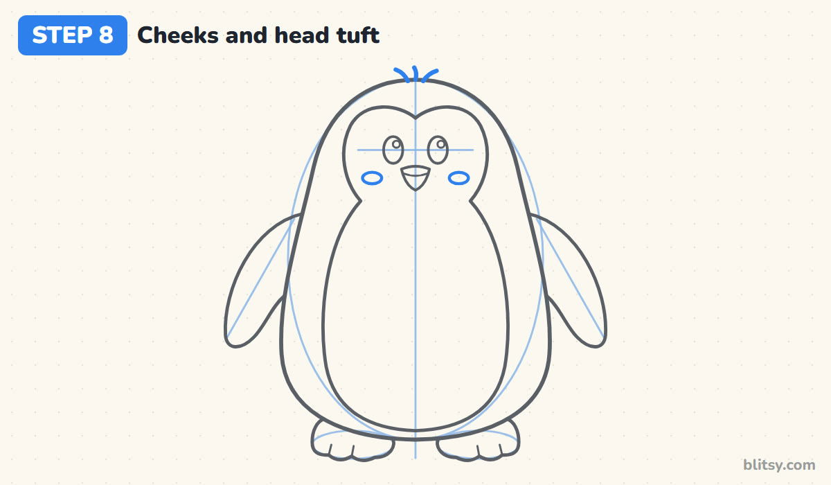 How to draw a penguin step by step step 8 - add rosy cheeks and a head tuft