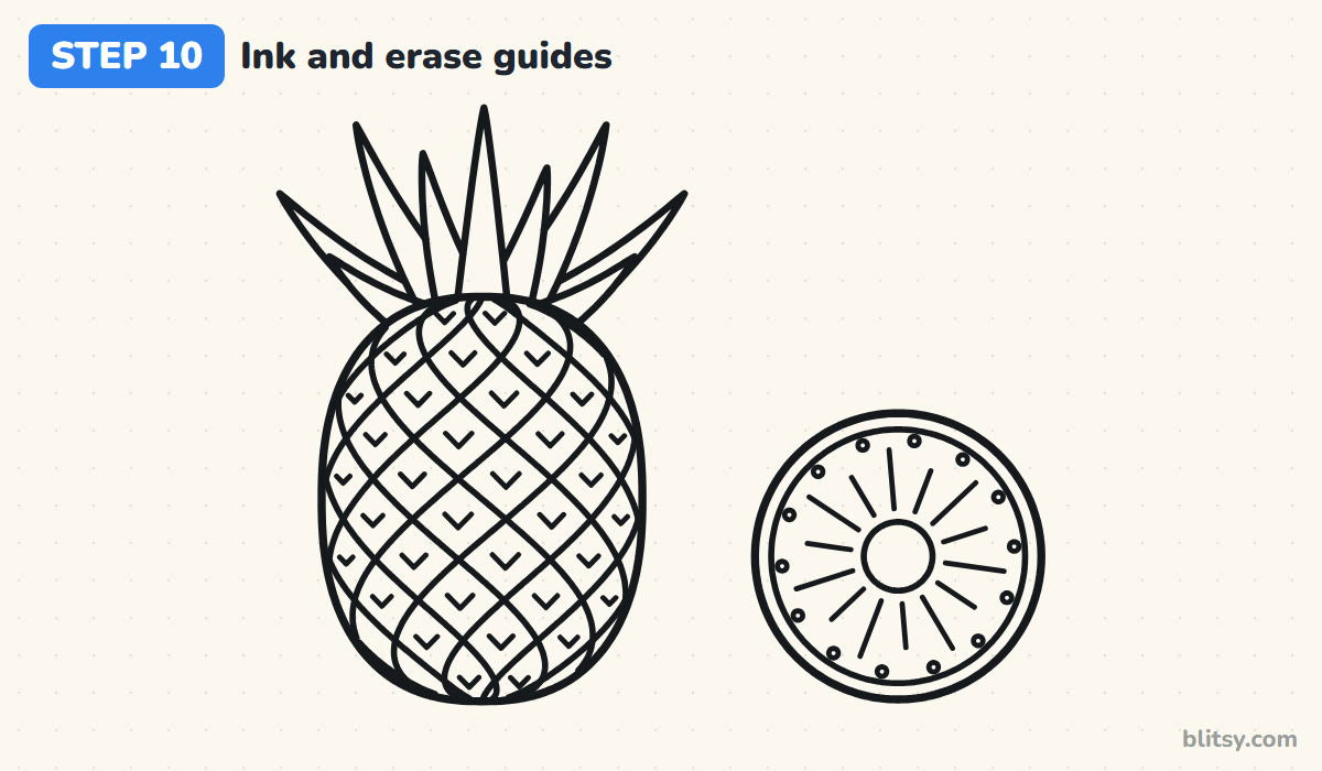 How to draw a pineapple step by step step 10 - ink the lines and erase the guides