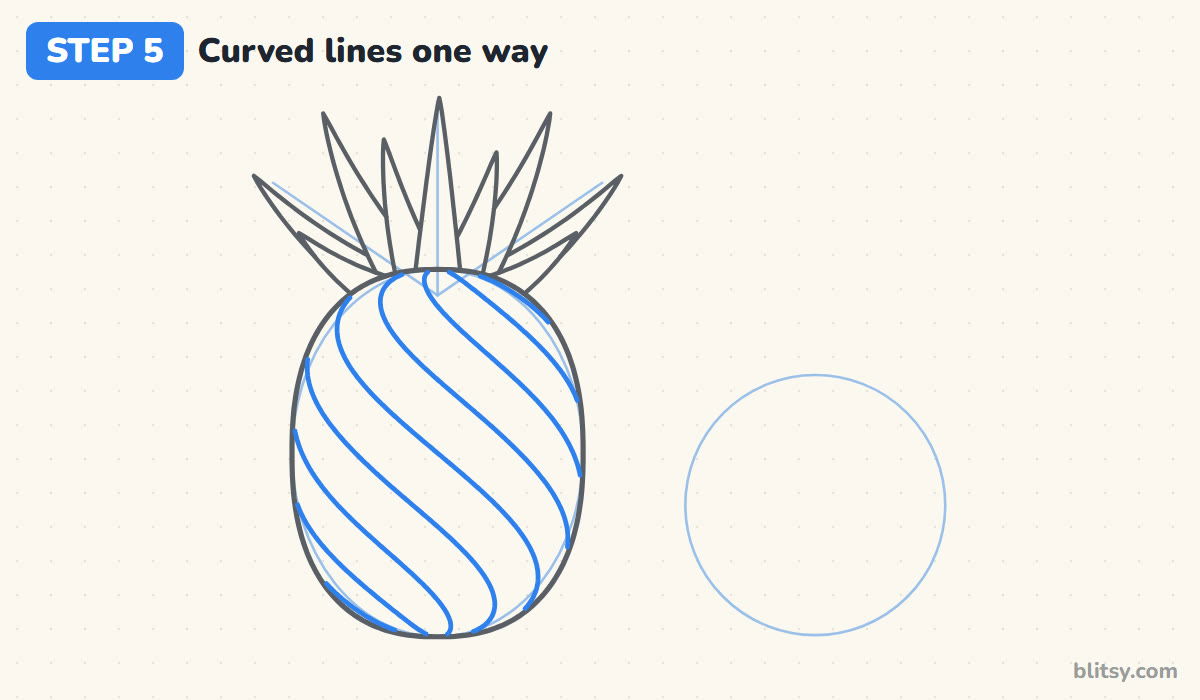 How to draw a pineapple step by step step 5 - draw curved lines going one way
