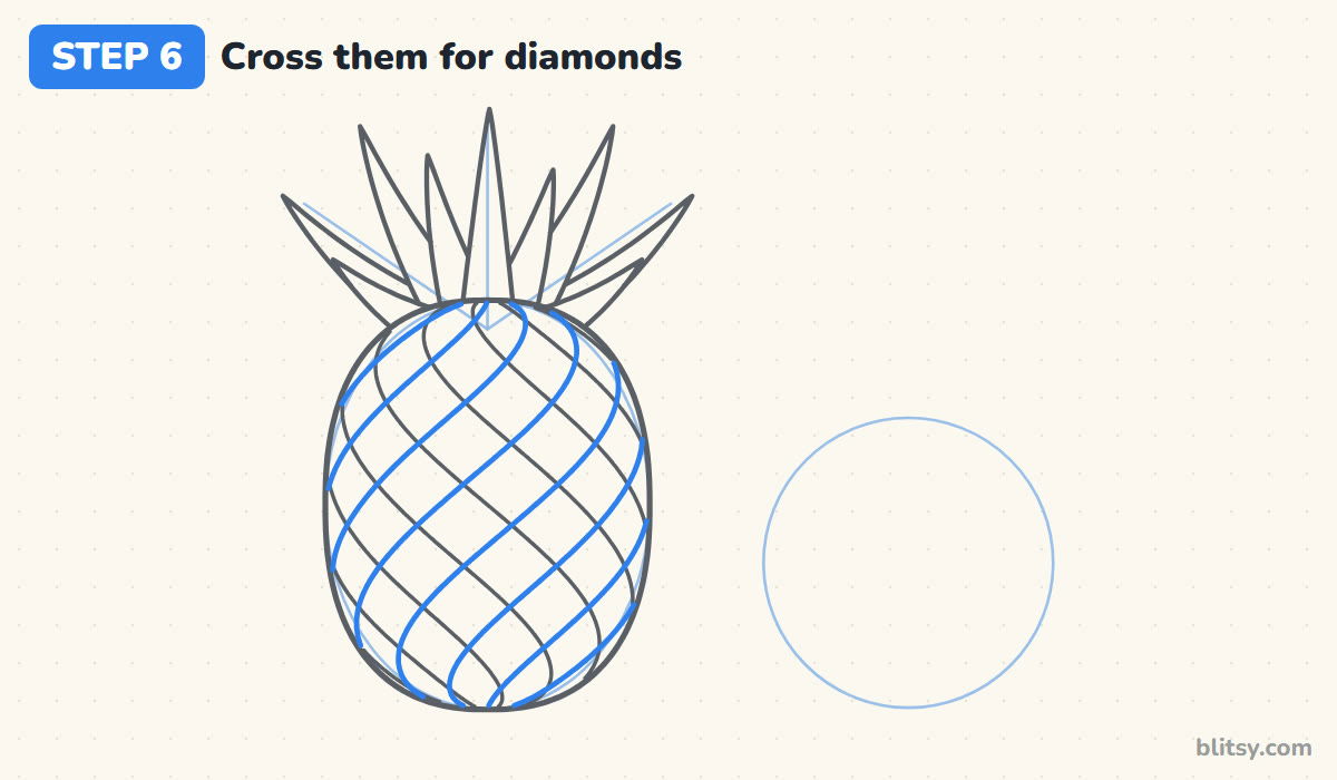 How to draw a pineapple step by step step 6 - cross them to make diamonds