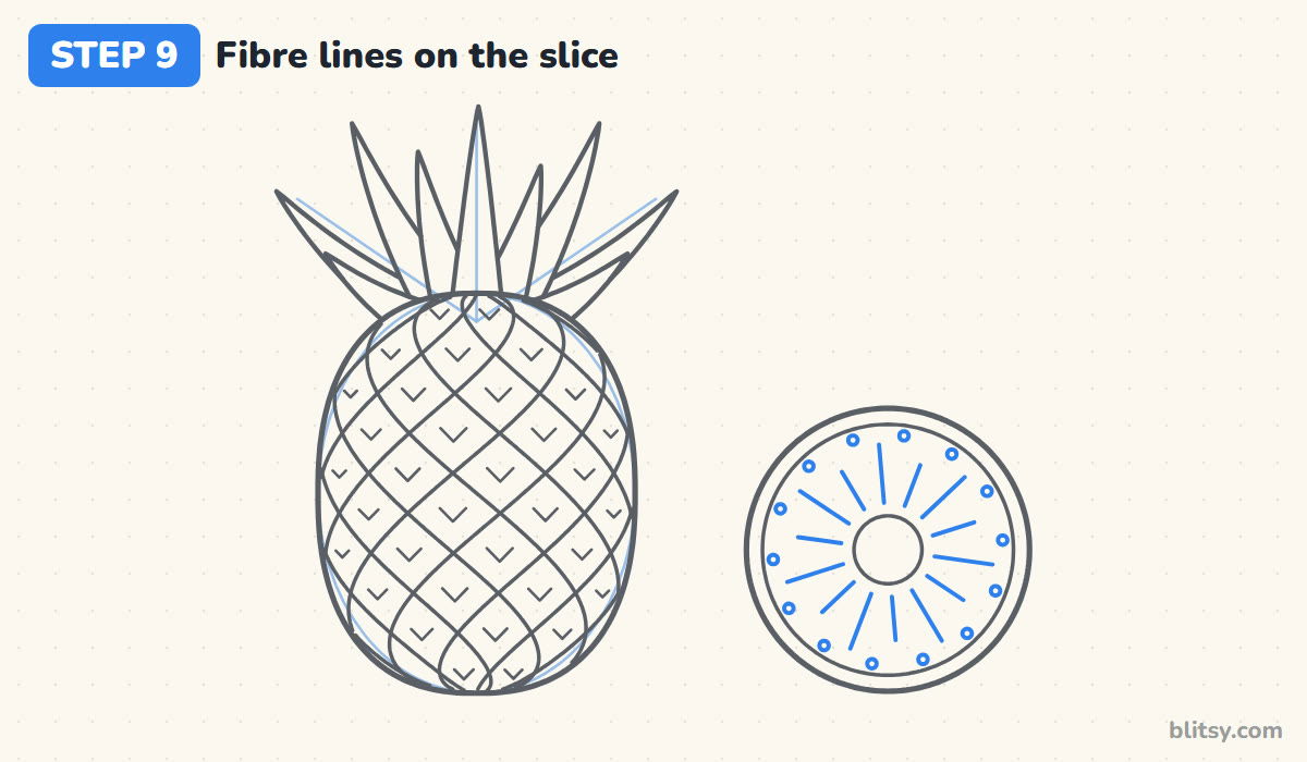 How to draw a pineapple step by step step 9 - draw fibre lines and little eyes