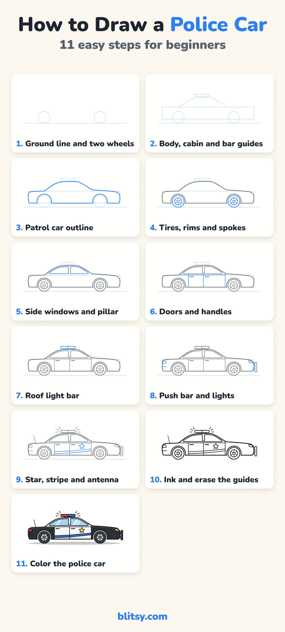 How to draw a police car step by step - all 11 steps on one page (Pinterest)