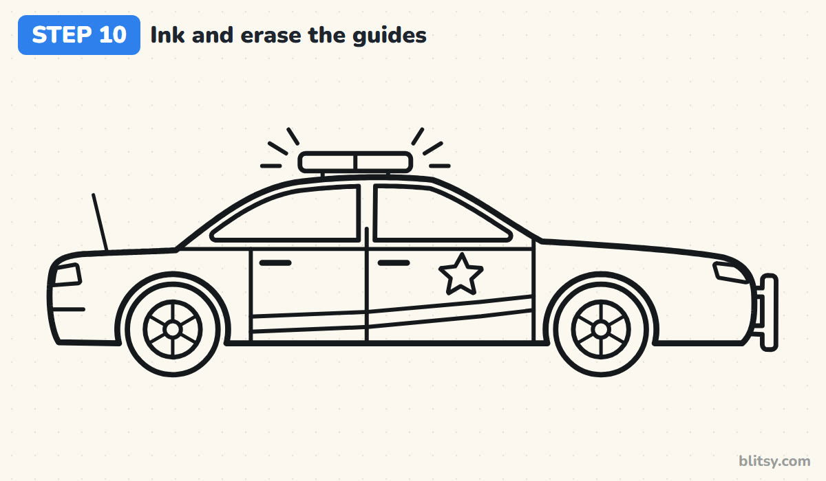 How to draw a police car step by step step 10 - ink the lines and erase the guides