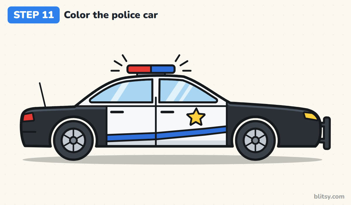 How to draw a police car step by step step 11 - color the police car