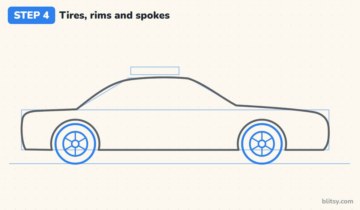 How to draw a police car step by step step 4 - give each wheel a tire and rim