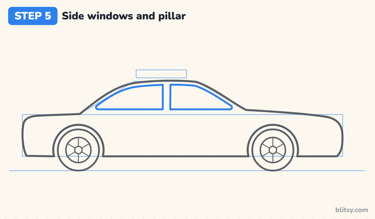 How to draw a police car step by step step 5 - draw the side windows and the middle pillar