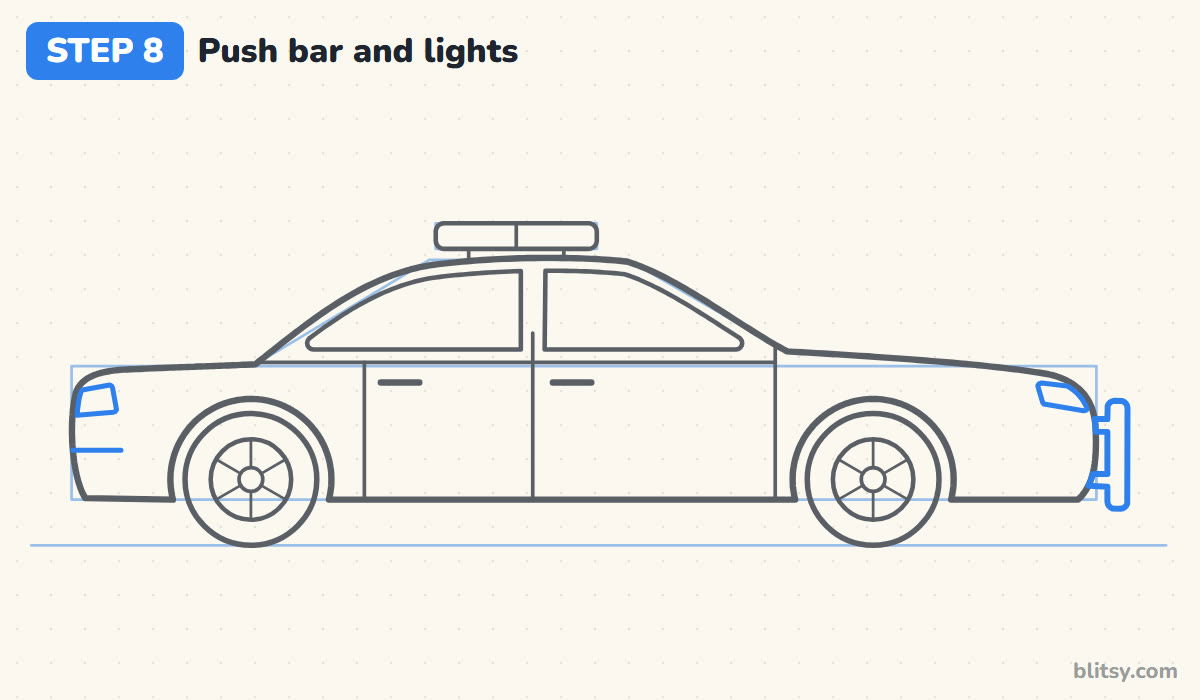 How to draw a police car step by step step 8 - add the push bar and the lights