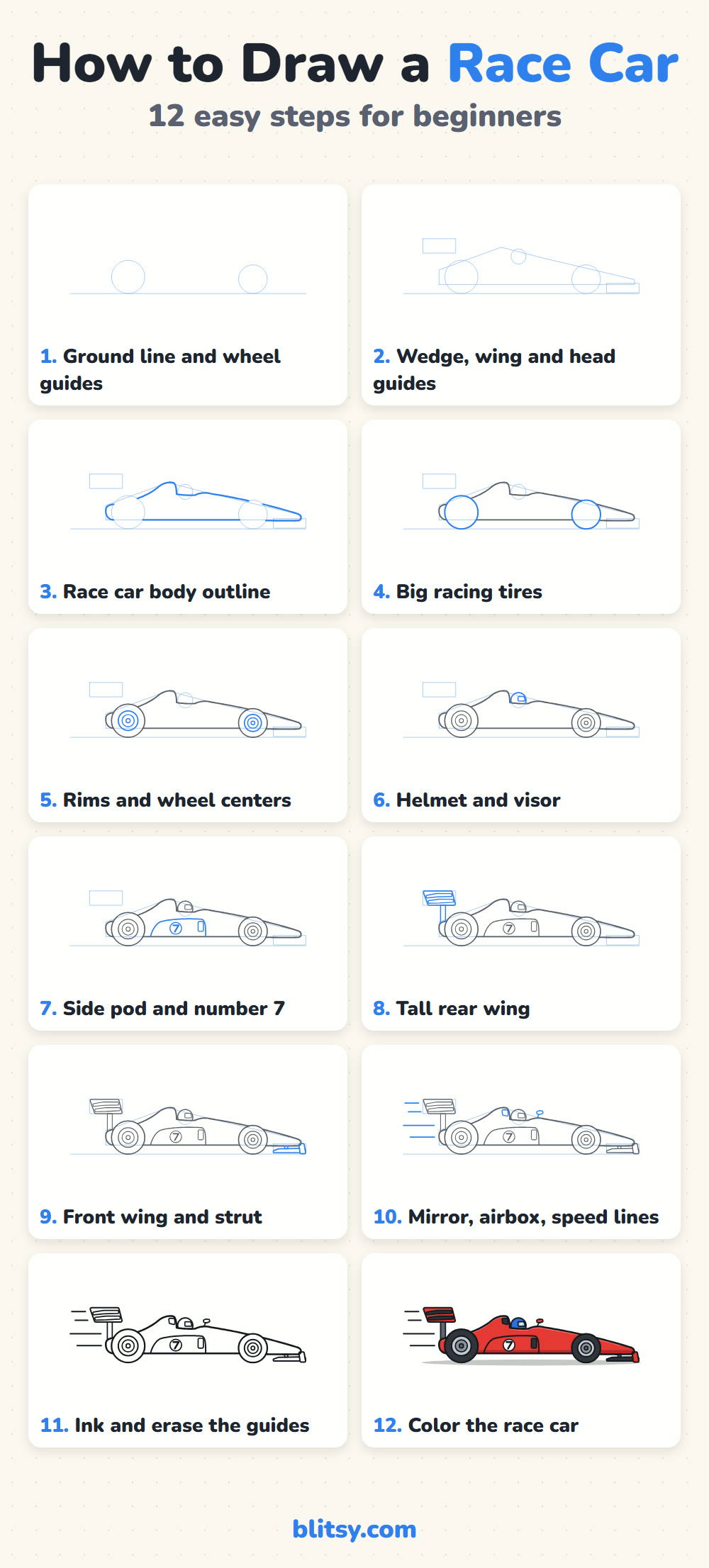 How to draw a race car step by step - all 12 steps on one page (Pinterest)