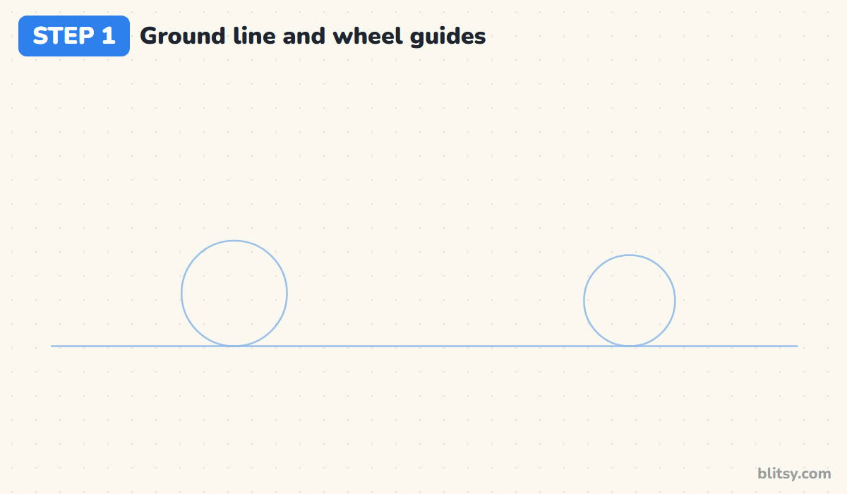 How to draw a race car step by step step 1 - draw a ground line and two wheel circles