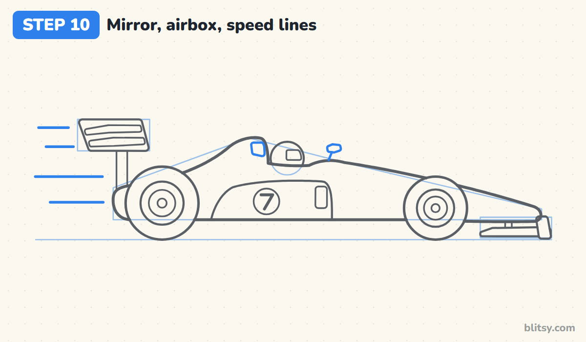 How to draw a race car step by step step 10 - finish with a mirror, an airbox and speed lines