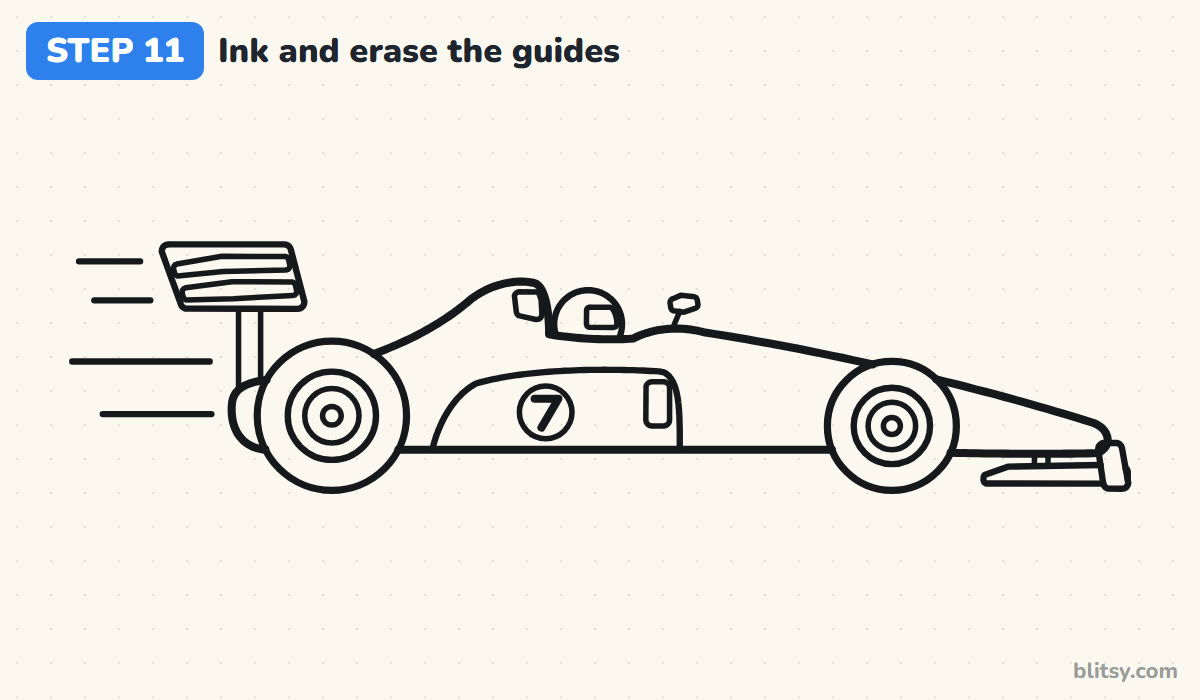 How to draw a race car step by step step 11 - ink the keeper lines and erase the guides