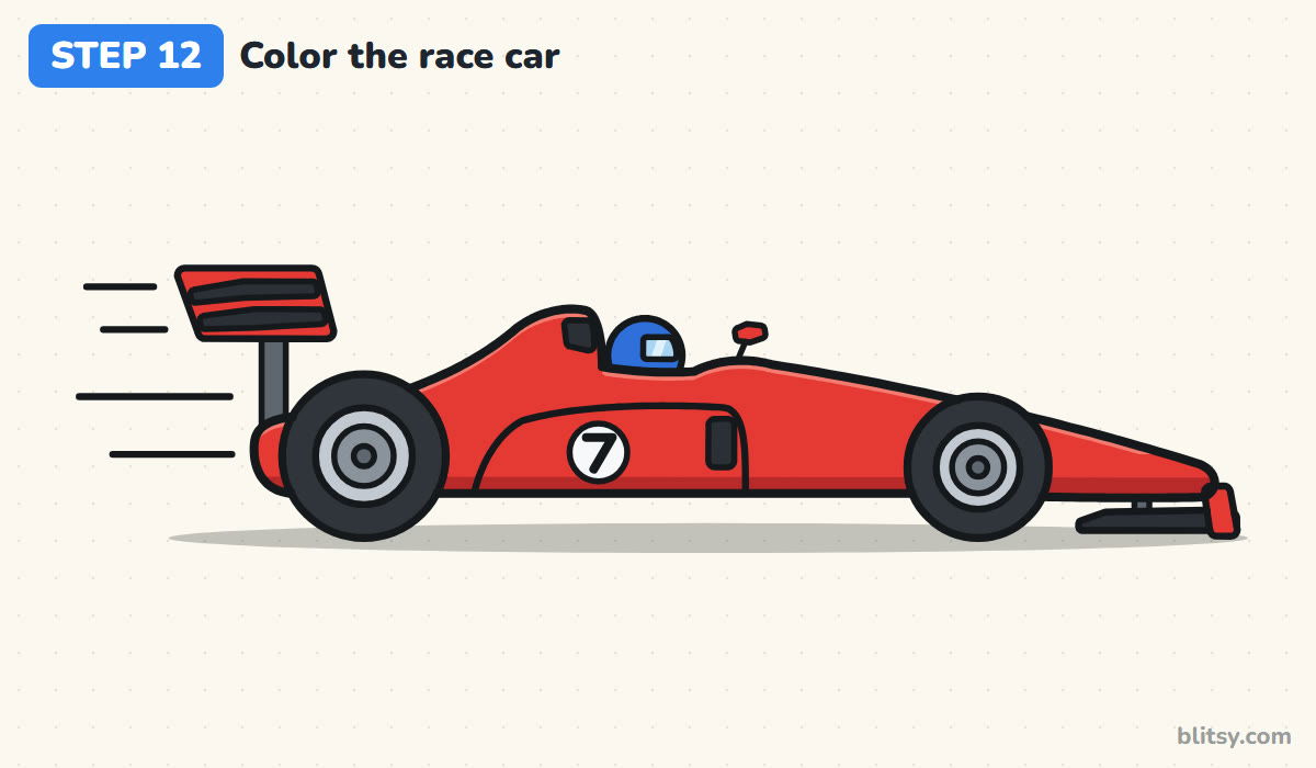 How to draw a race car step by step step 12 - color the race car