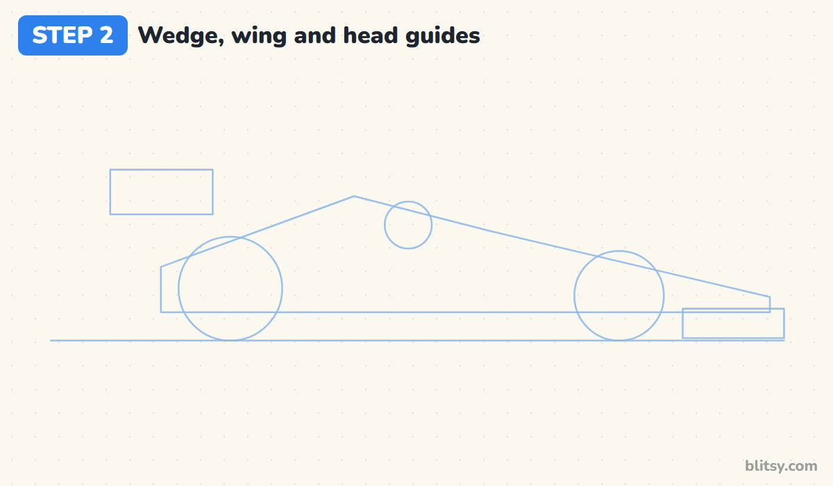 How to draw a race car step by step step 2 - sketch a wedge, a head circle and two wing boxes
