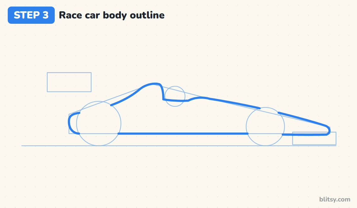 How to draw a race car step by step step 3 - trace the race car's body outline