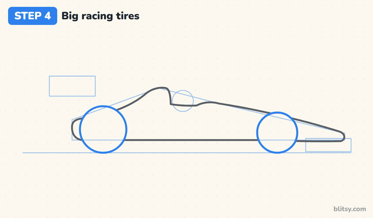 How to draw a race car step by step step 4 - go over the tires with firm circles
