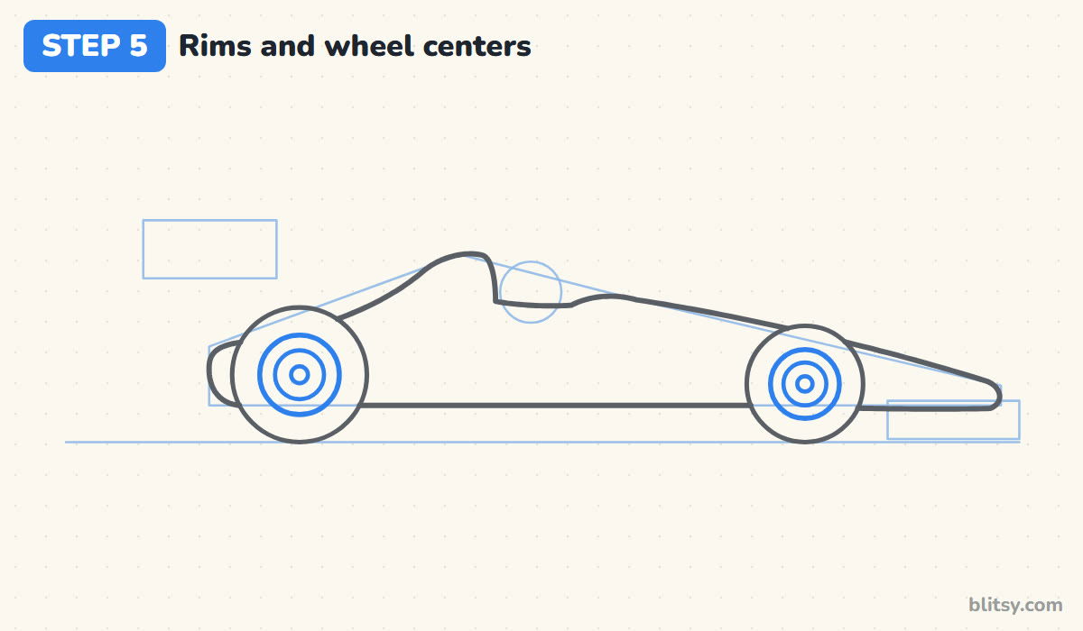 How to draw a race car step by step step 5 - add rims and wheel centers