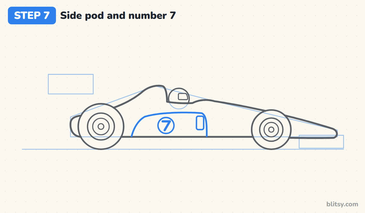 How to draw a race car step by step step 7 - shape the side pod and the number disc