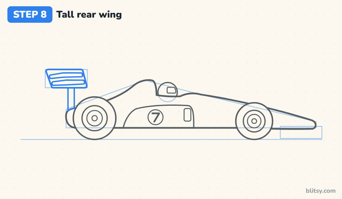 How to draw a race car step by step step 8 - build the tall rear wing