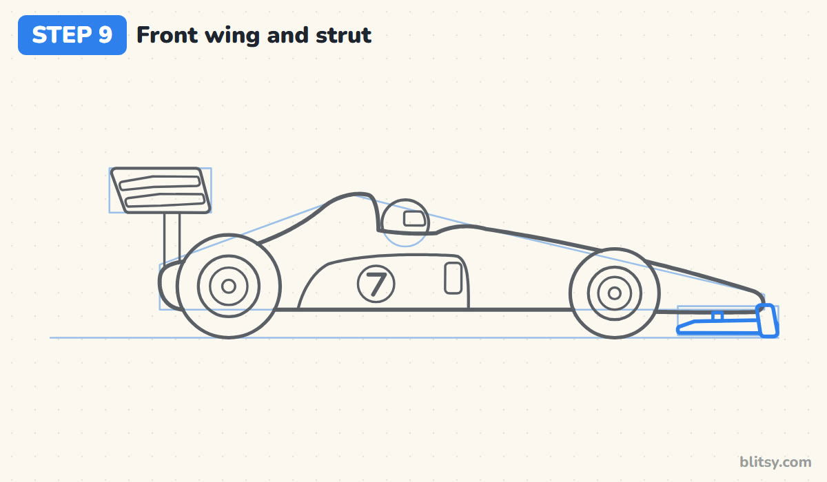 How to draw a race car step by step step 9 - add the front wing and its strut
