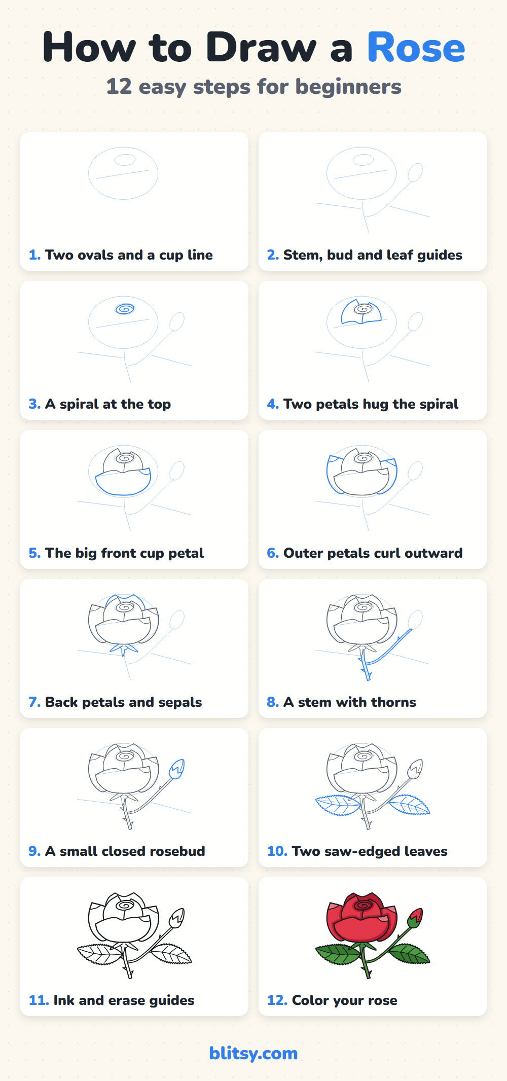 How to draw a rose step by step - all 12 steps on one page (Pinterest)