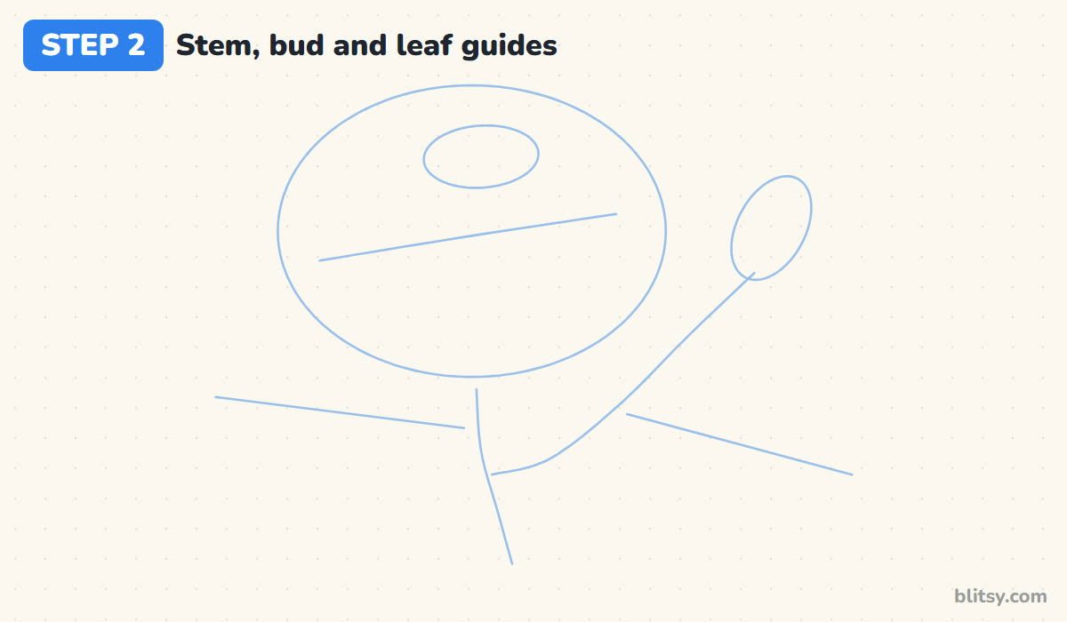 How to draw a rose step by step step 2 - add guides for the stem, bud and leaves