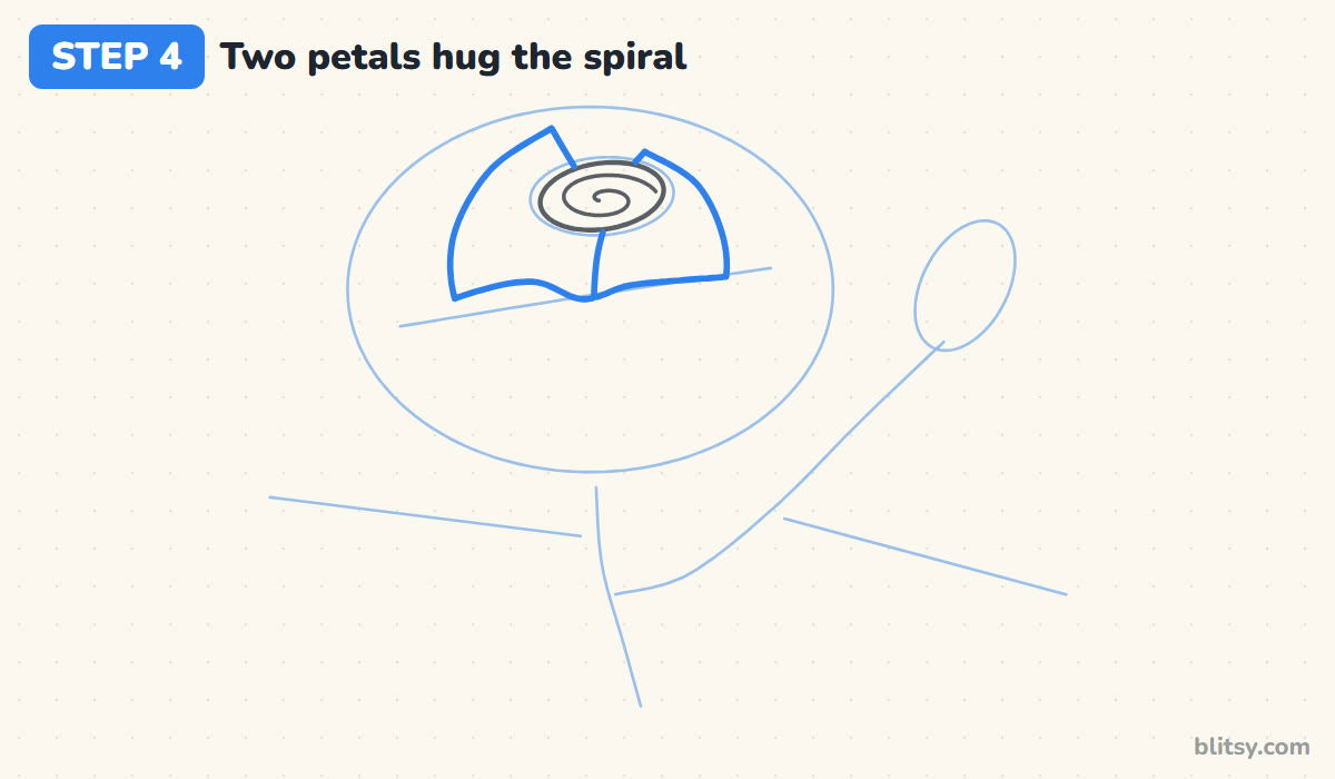 How to draw a rose step by step step 4 - wrap two petals around the spiral