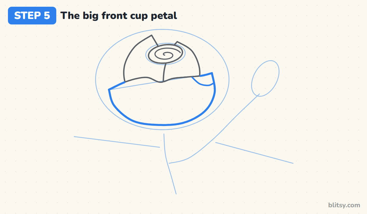 How to draw a rose step by step step 5 - draw the big front cup petal