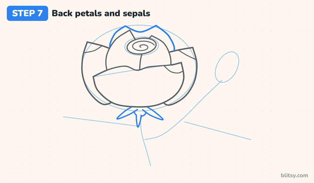 How to draw a rose step by step step 7 - add the back petals and sepals