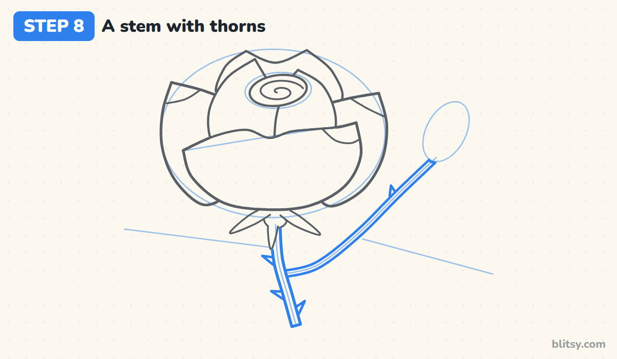 How to draw a rose step by step step 8 - draw a stem with thorns
