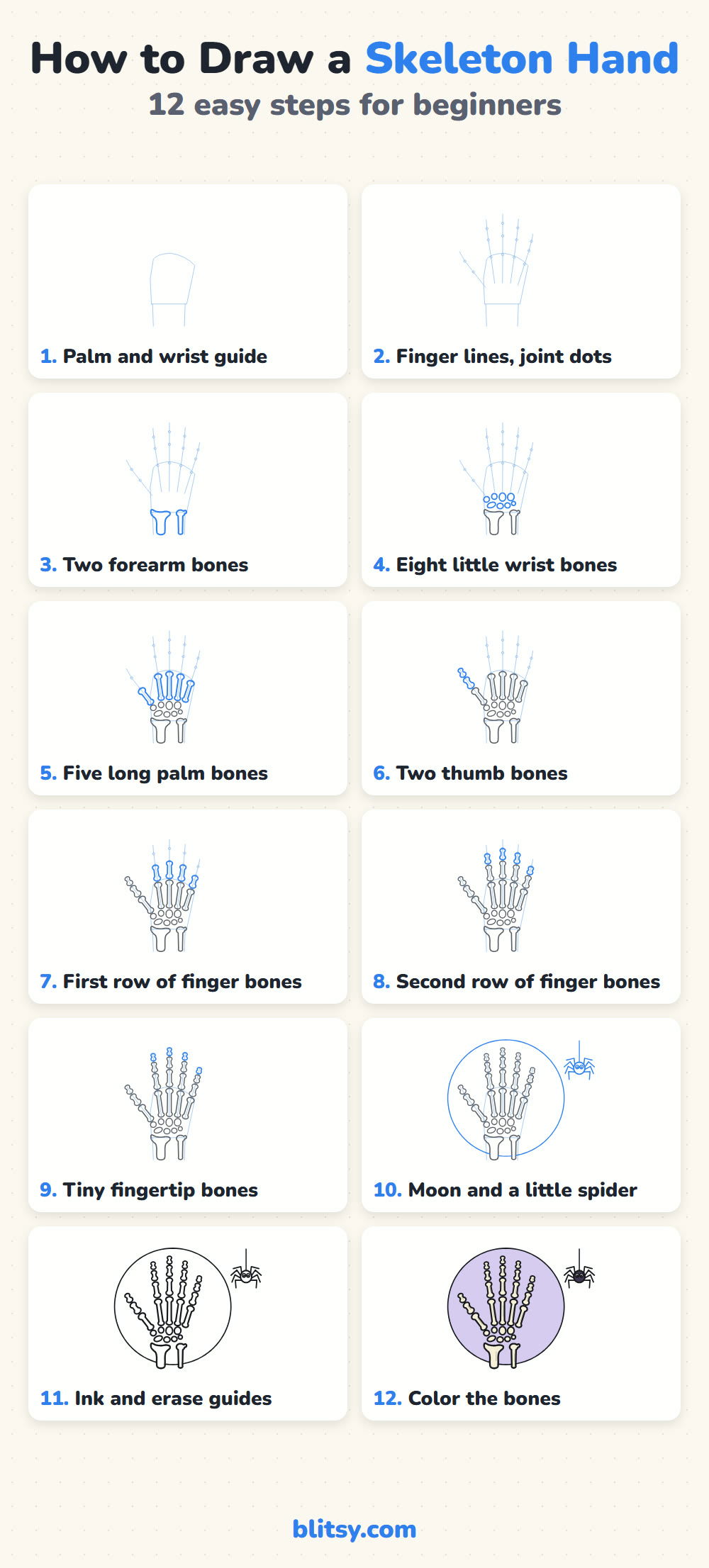 How to draw a skeleton hand step by step - all 12 steps on one page (Pinterest)