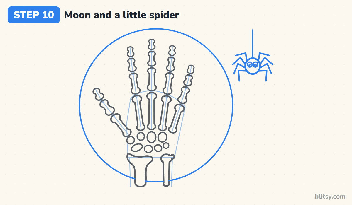 How to draw a skeleton hand step by step step 10 - draw a moon and a little spider